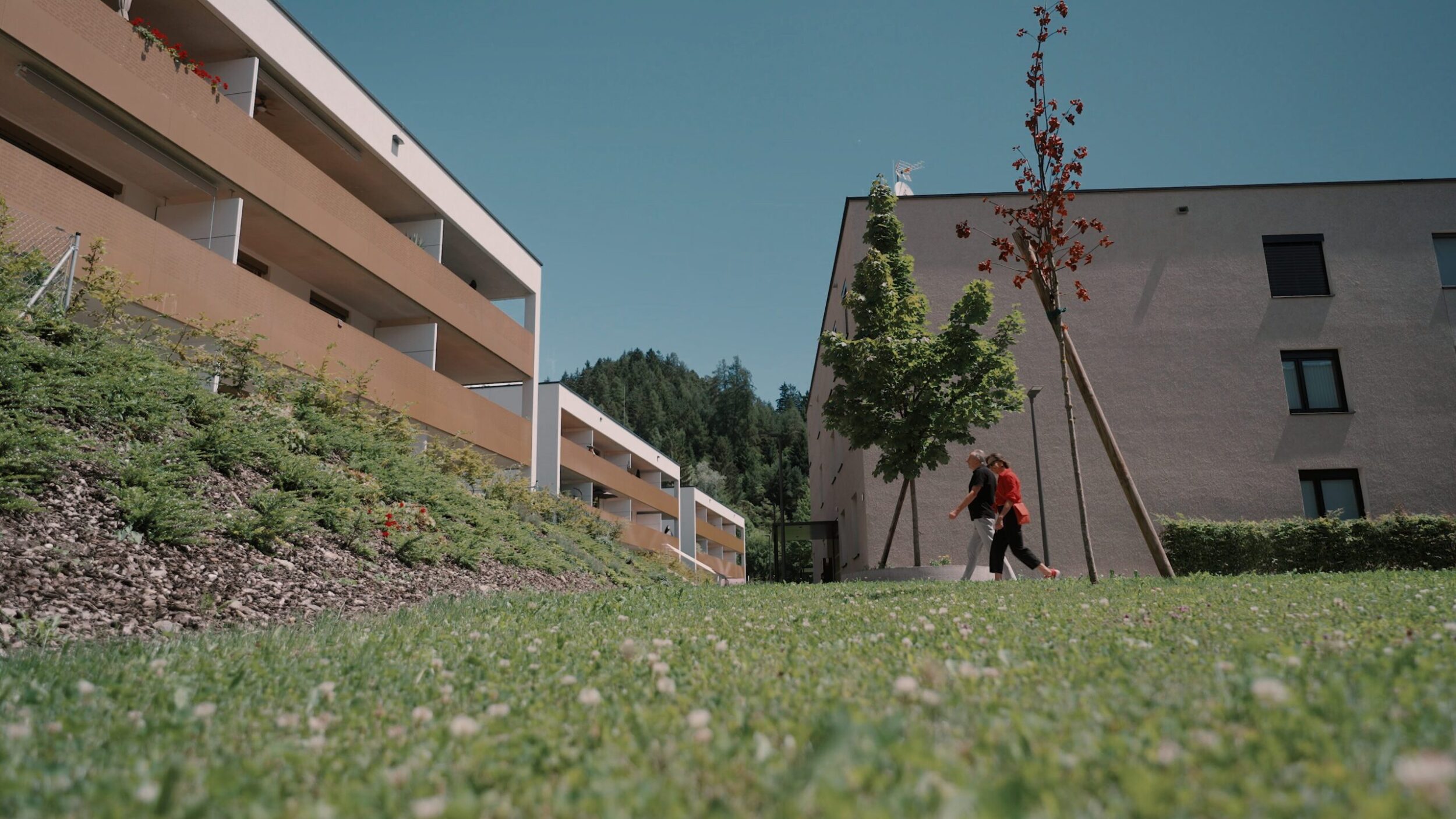 Wohnanlage mit Rasen im Vordergrund, Baum und Ehepaar im Hintergrund