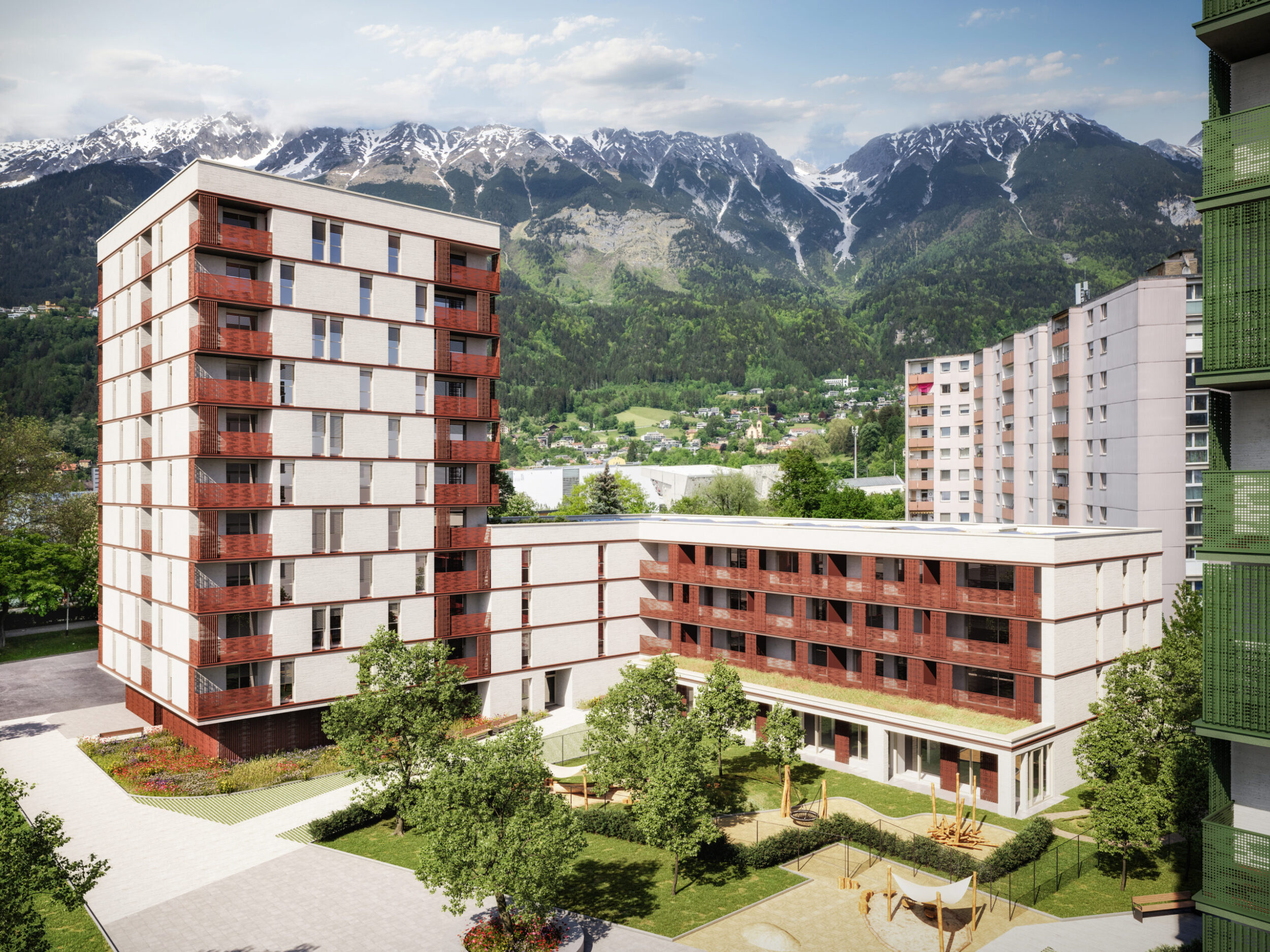 Innsbruck Pradler Saggen BA04 Visualisierung Südansicht mit Spielplatz